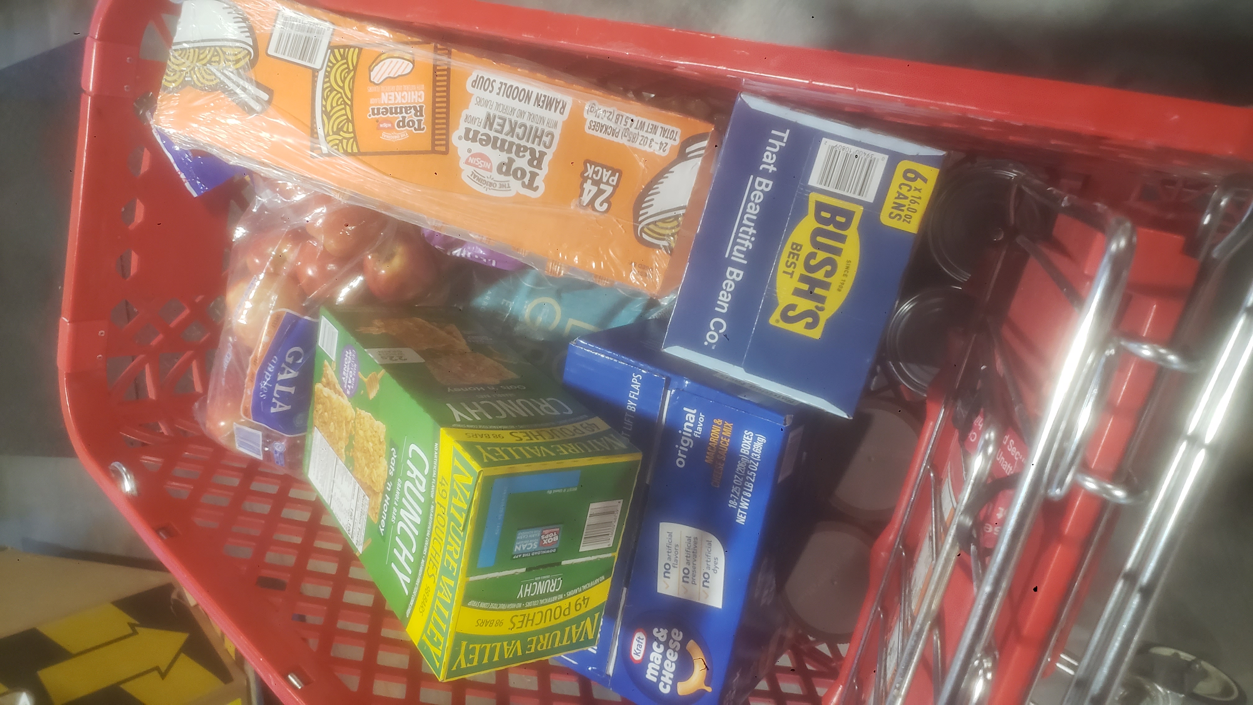 Food in a shopping cart.